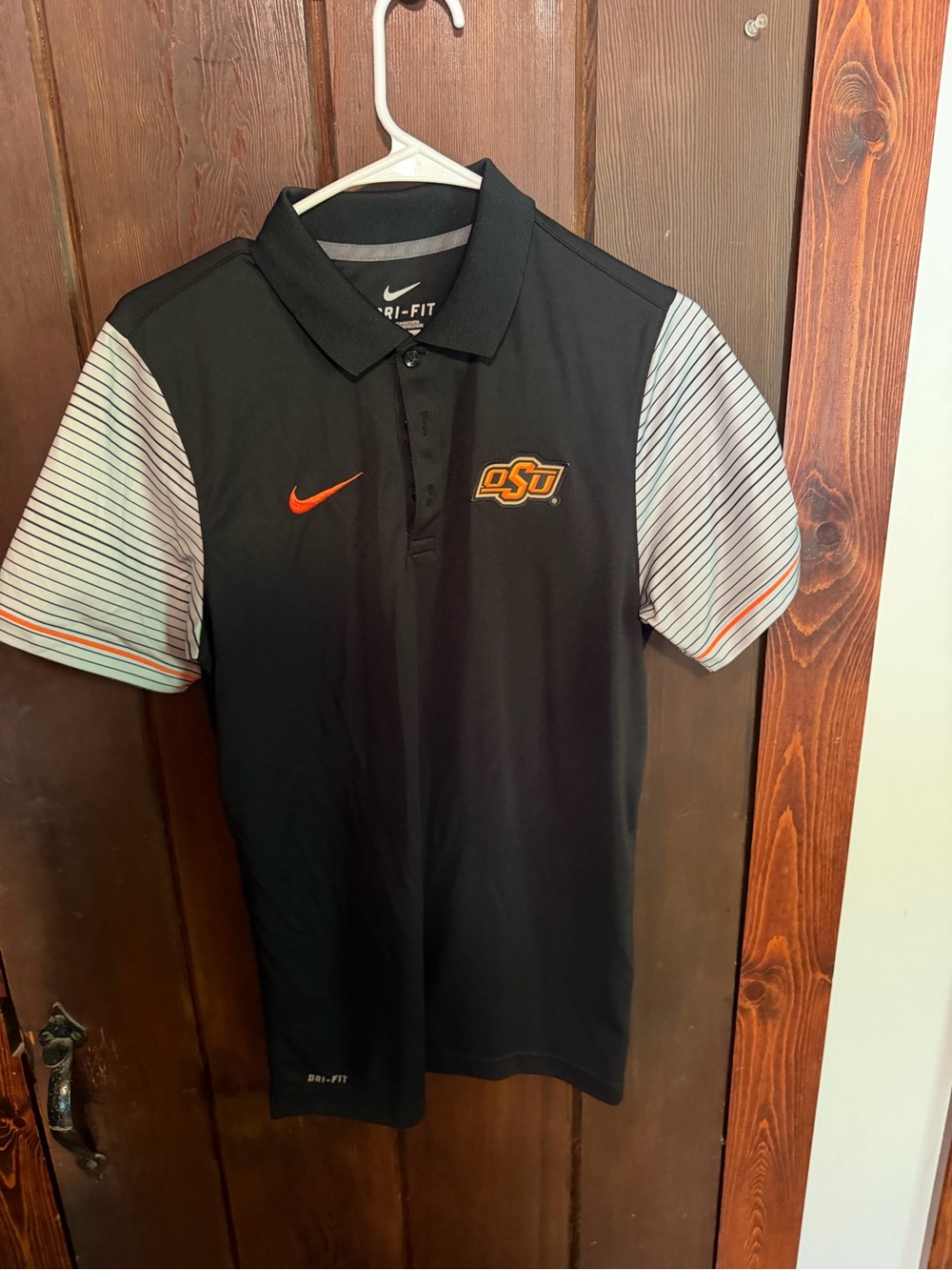 Nike Black OSU Polo with White Striped Sleeves and Orange Accents